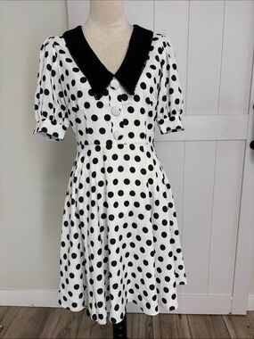 Black & White Polka Dot Midi Dress with Contrast Collar